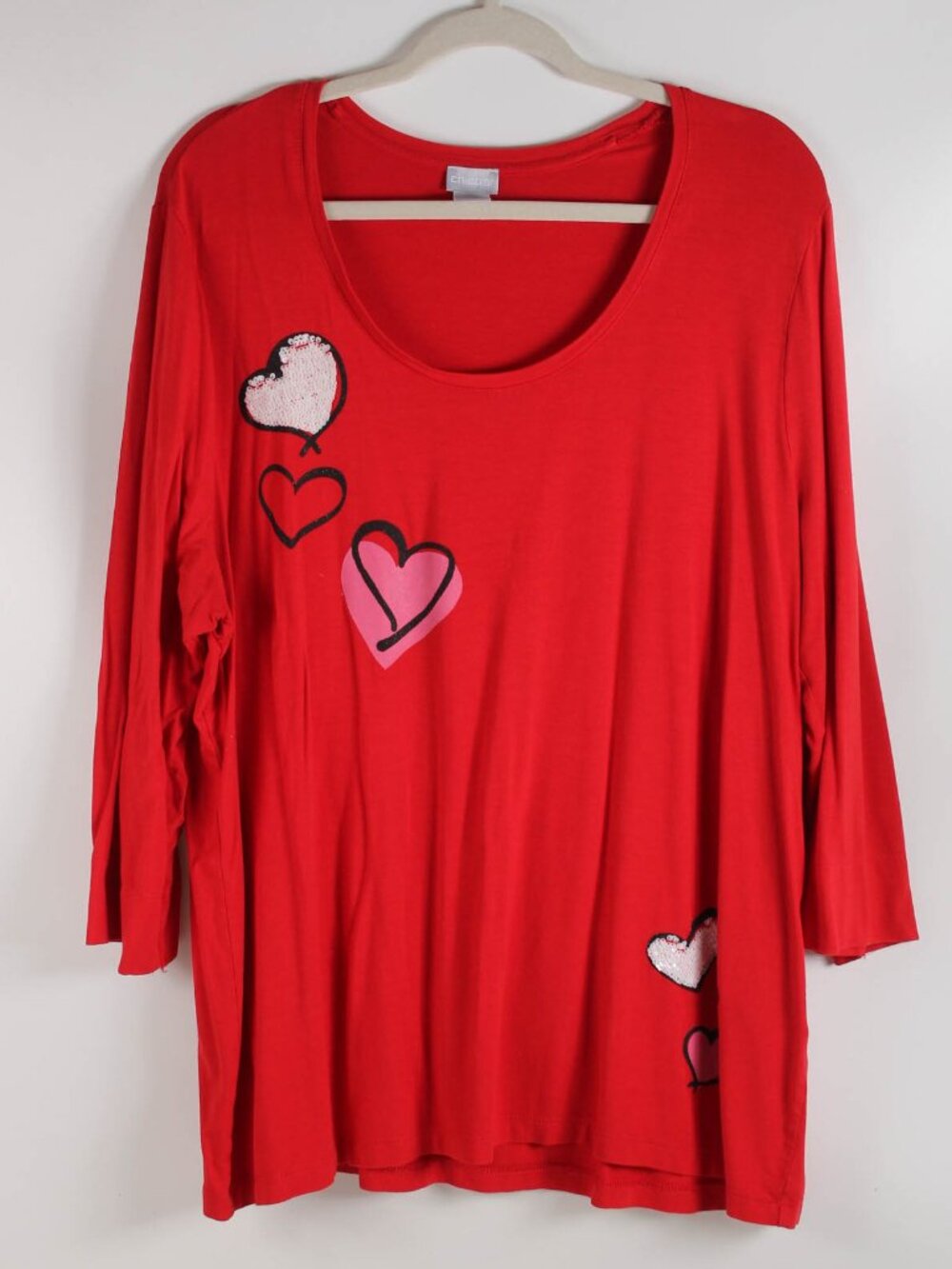 Chico's Size 4 (XXL) Red Heart Sequin 3/4 Sleeve Stretch Knit Top